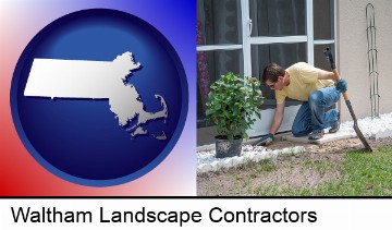 a landscape contractor working on a landscaping project in Waltham, MA