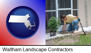 Waltham, Massachusetts - a landscape contractor working on a landscaping project