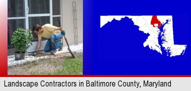 a landscape contractor working on a landscaping project; Baltimore County highlighted in red on a map