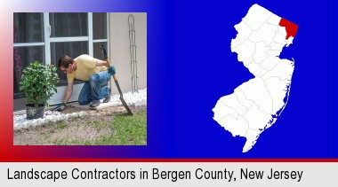 a landscape contractor working on a landscaping project; Bergen County highlighted in red on a map