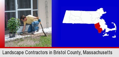 a landscape contractor working on a landscaping project; Bristol County highlighted in red on a map