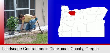 a landscape contractor working on a landscaping project; Clackamas County highlighted in red on a map