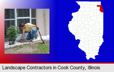 a landscape contractor working on a landscaping project; Cook County highlighted in red on a map