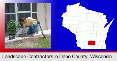 a landscape contractor working on a landscaping project; Dane County highlighted in red on a map