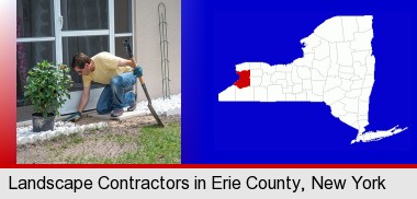 a landscape contractor working on a landscaping project; Erie County highlighted in red on a map