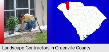 a landscape contractor working on a landscaping project; Greenville County highlighted in red on a map