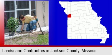 a landscape contractor working on a landscaping project; Jackson County highlighted in red on a map