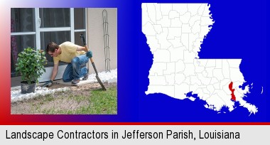a landscape contractor working on a landscaping project; Jefferson Parish highlighted in red on a map
