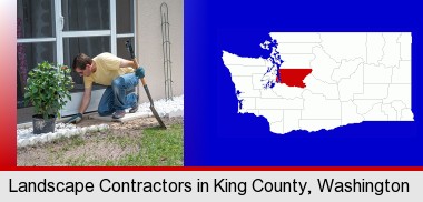 a landscape contractor working on a landscaping project; King County highlighted in red on a map