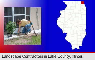 a landscape contractor working on a landscaping project; LaSalle County highlighted in red on a map