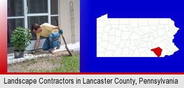 a landscape contractor working on a landscaping project; Lancaster County highlighted in red on a map