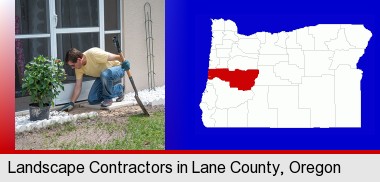 a landscape contractor working on a landscaping project; Lane County highlighted in red on a map