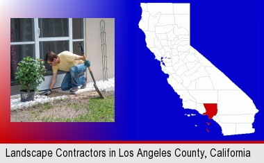 a landscape contractor working on a landscaping project; Los Angeles County highlighted in red on a map