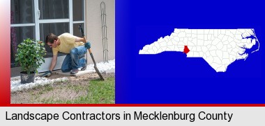 a landscape contractor working on a landscaping project; Mecklenburg County highlighted in red on a map
