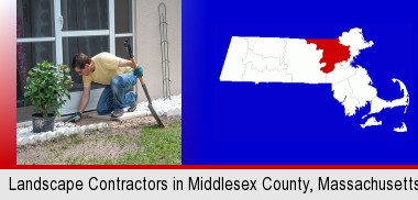 a landscape contractor working on a landscaping project; Middlesex County highlighted in red on a map
