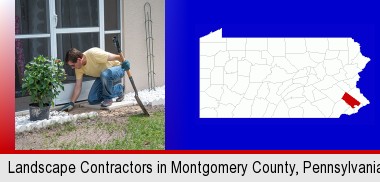 a landscape contractor working on a landscaping project; Montgomery County highlighted in red on a map