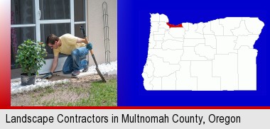 a landscape contractor working on a landscaping project; Multnomah County highlighted in red on a map