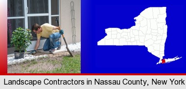a landscape contractor working on a landscaping project; Nassau County highlighted in red on a map
