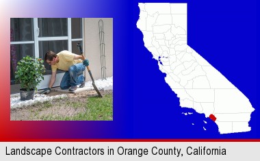 a landscape contractor working on a landscaping project; Orange County highlighted in red on a map