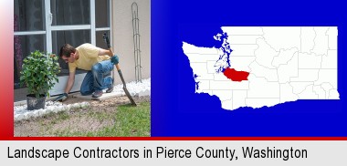 a landscape contractor working on a landscaping project; Pierce County highlighted in red on a map