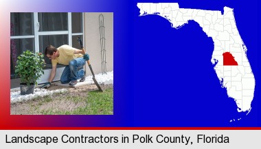 a landscape contractor working on a landscaping project; Polk County highlighted in red on a map