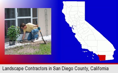 a landscape contractor working on a landscaping project; San Diego County highlighted in red on a map