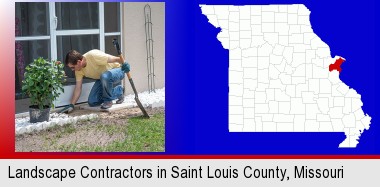 a landscape contractor working on a landscaping project; St Francois County highlighted in red on a map