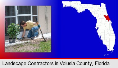 a landscape contractor working on a landscaping project; Volusia County highlighted in red on a map