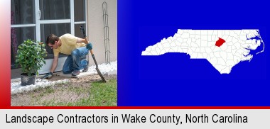 a landscape contractor working on a landscaping project; Wake County highlighted in red on a map
