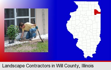 a landscape contractor working on a landscaping project; Will County highlighted in red on a map