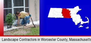 a landscape contractor working on a landscaping project; Worcester County highlighted in red on a map