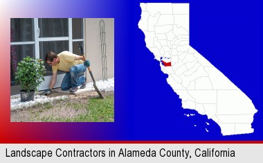 a landscape contractor working on a landscaping project; Alameda County highlighted in red on a map