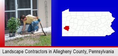 a landscape contractor working on a landscaping project; Allegheny County highlighted in red on a map