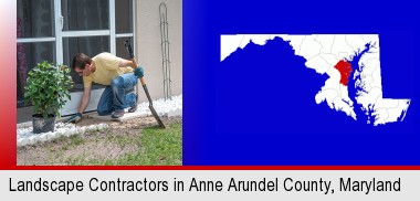 a landscape contractor working on a landscaping project; Anne Arundel County highlighted in red on a map