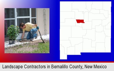 a landscape contractor working on a landscaping project; Bernalillo County highlighted in red on a map