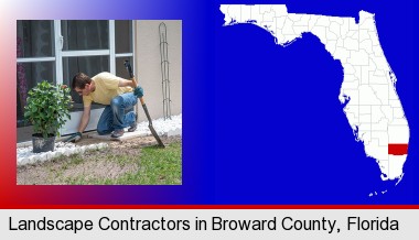 a landscape contractor working on a landscaping project; Broward County highlighted in red on a map