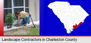 a landscape contractor working on a landscaping project; Charleston County highlighted in red on a map