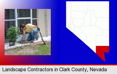 a landscape contractor working on a landscaping project; Clark County highlighted in red on a map