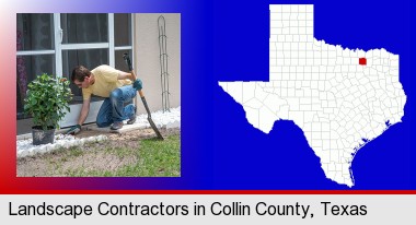 a landscape contractor working on a landscaping project; Collin County highlighted in red on a map