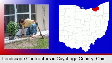 a landscape contractor working on a landscaping project; Cuyahoga County highlighted in red on a map