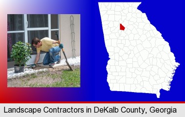 a landscape contractor working on a landscaping project; DeKalb County highlighted in red on a map