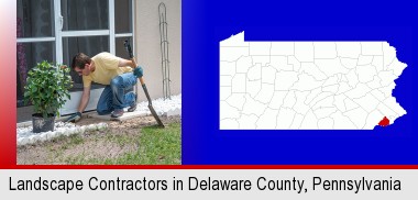a landscape contractor working on a landscaping project; Delaware County highlighted in red on a map