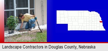 a landscape contractor working on a landscaping project; Douglas County highlighted in red on a map