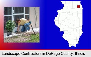 a landscape contractor working on a landscaping project; DuPage County highlighted in red on a map