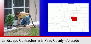 a landscape contractor working on a landscaping project; Elbert County highlighted in red on a map