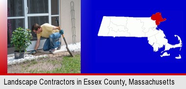 a landscape contractor working on a landscaping project; Essex County highlighted in red on a map