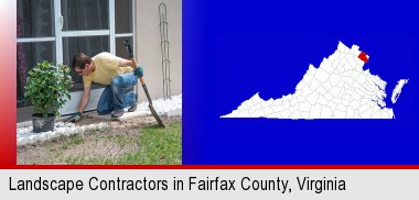 a landscape contractor working on a landscaping project; Fairfax County highlighted in red on a map