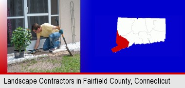 a landscape contractor working on a landscaping project; Fairfield County highlighted in red on a map