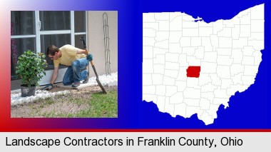 a landscape contractor working on a landscaping project; Franklin County highlighted in red on a map