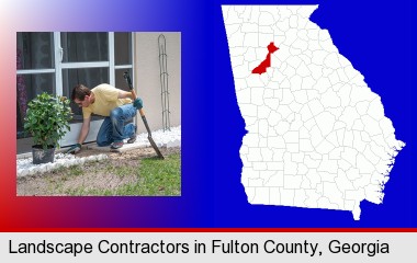a landscape contractor working on a landscaping project; Fulton County highlighted in red on a map